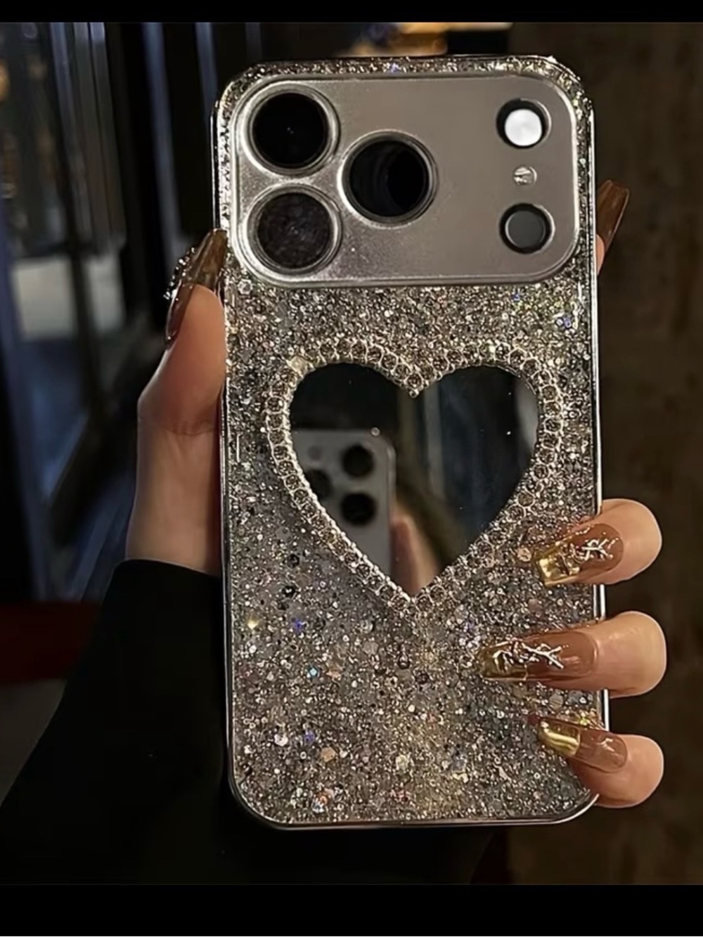Sparkle Heart Mirror Glitter Phone Case - Silver iPhone 17 pro max